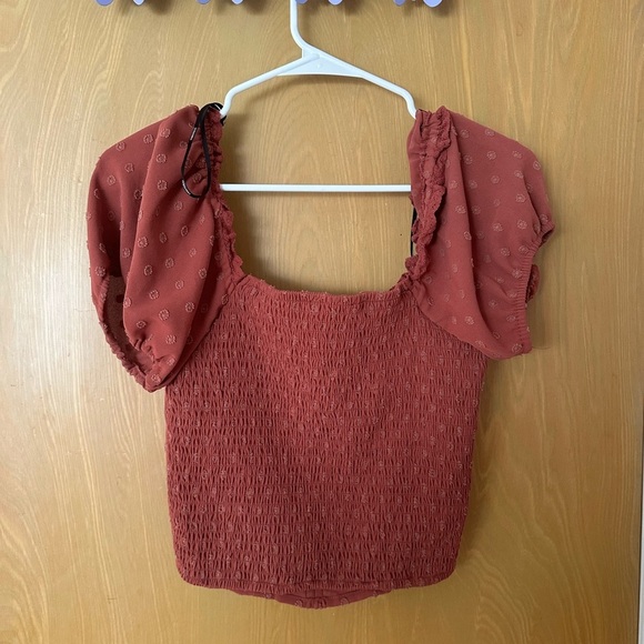 Forever 21 Cropped Rusty Red Pink Corset Style Top with Puffy Sleeves - Picture 3 of 3